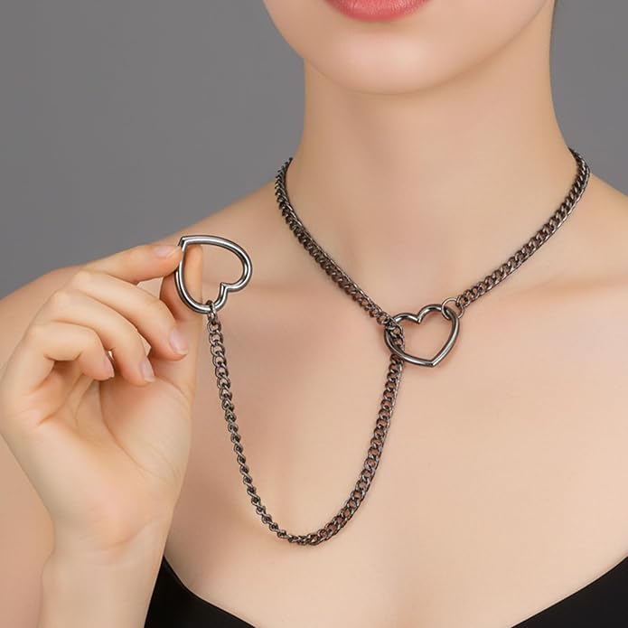 Heart Slip Chain Choker for Women, Cuban Chain Y-shape Necklaces Punk Rock Collar Black Chains Necklace, Adjustable Gothic Choker Necklace for Women
