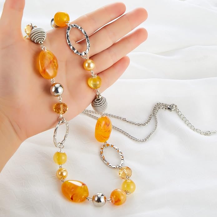 BULINLIN Beaded Long Necklace for Women Silver Sweater Chain Necklace with Crystal Resin Beads, Fashion Jewelry Necklace