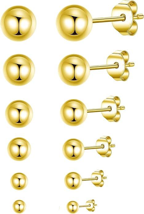 14K Gold Filled Polished Small CZ Pearl Ball Stud Earrings Set for Women Men 20G Surgical Steel Hypoallergenic Piercing Studs for Sensitive Ear, Pack of 6 Pairs