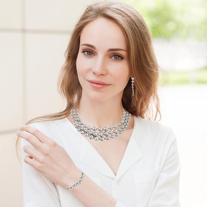 YBMYCM Gold-plated Beaded Jewelry Set Chunky Multi Strands Choker Necklace Bracelet Earrings Set for Women