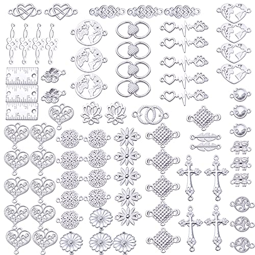 BronaGrand Jewelry Charms Connectors,100g Bright Silver Alloy Connectors Charms Tibetan Flower Heart Cross Charms Pendants Beads Connector for DIY Dangling Earrings Necklace Bracelet Making - color: Bright Silver