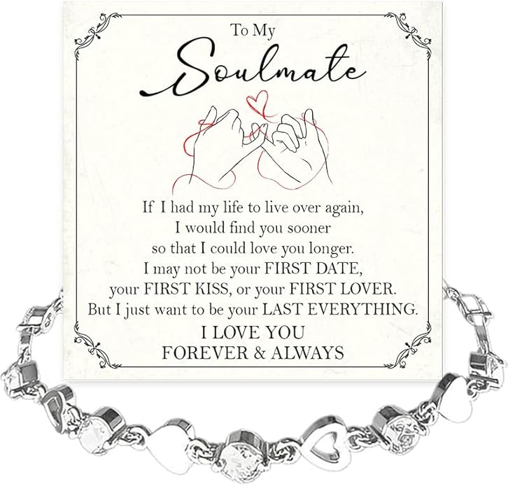 To My Soulmate Bracelet for Women, Heart Chain Bracelet with Shiny Stones, Perfect Birthday or Anniversary Christmas Gift for Soulmate with Message Card and Gift Box