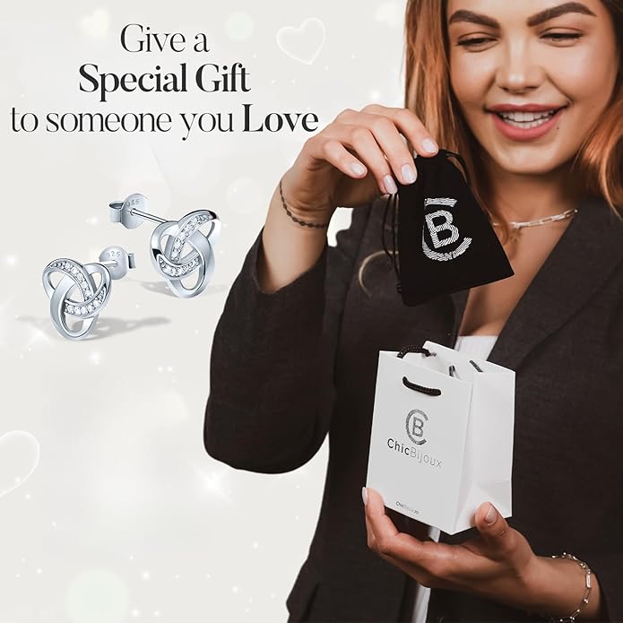Chic Bijoux Knot Earrings for Women – With Round Cubic Zirconia stones and 925 Sterling Silver – Gift for Her Birthday, Rose Gold Jewelry