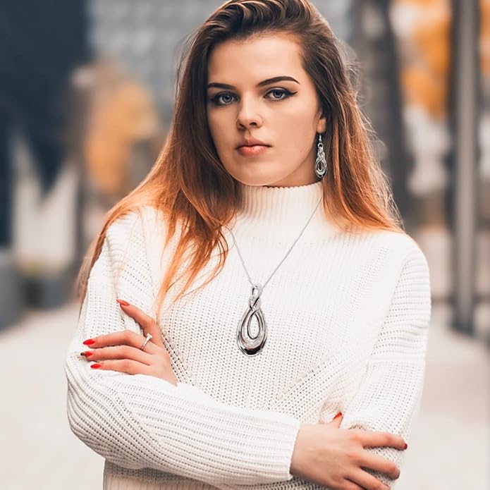 Madison Tyler Gold Plated Jewelry Set for Women | Silver Teardrop Pendant Necklace Trendy | Long Necklace with Snake Chain | Fashion Dangle Earring Set