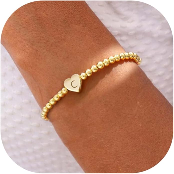 Valentines Day Gifts for Women Her - Dainty Beaded Heart Initial Bracelets Letter A-Z Charm Stretch Bead Ball Bracelet Trendy Jewelry Gifts