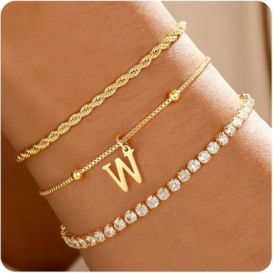 Valentines Day Gifts for Her Kids - Dainty Gold Bracelets for Women Personalized Gold/Silver Initial Bracelet Stack Stackable Rope Box Chain Tennis Bracelets for Girls Jewelry Set