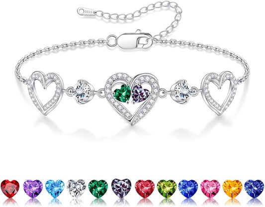 Iefil Valentines Day Gifts for Her - 925 Sterling Silver Heart Birthstone Bracelet Birthday Anniversary Jewelry Gifts for Her Wife