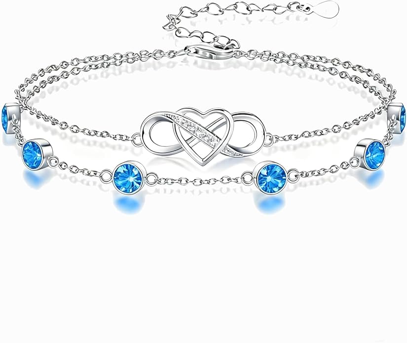 Prismata Infinity Birthstone Charm Link Bracelet 925 Sterling Silver Adjustable 12 Months Birthstone Infinity Bracelet Birthday Jewelry Gifts for Women Mom Her,with 7"+2" chain