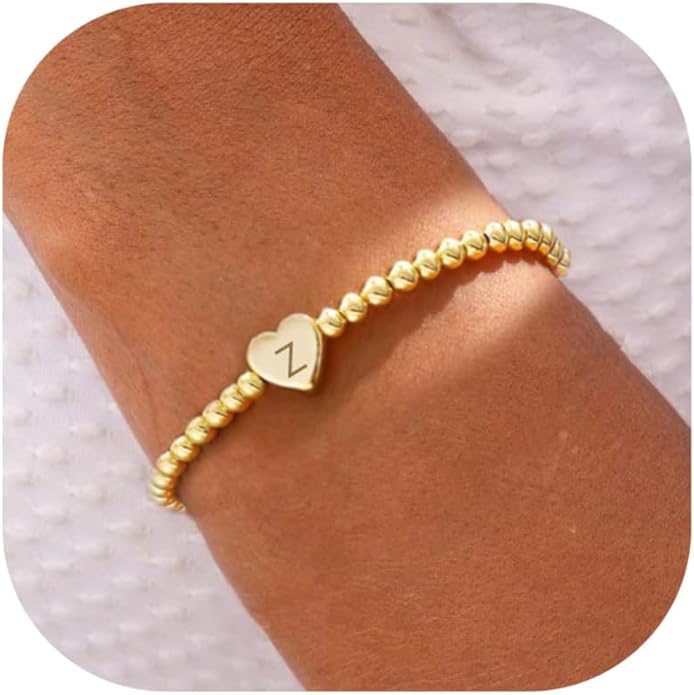 Valentines Day Gifts for Women Her - Dainty Beaded Heart Initial Bracelets Letter A-Z Charm Stretch Bead Ball Bracelet Trendy Jewelry Gifts