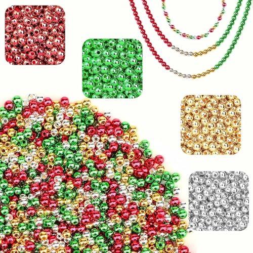 DECYOOL 1200Pcs Christmas Beads 4mm Round Spacer Beads Loose Ball Beads for DIY Bracelet Making Craft, Red & Green & Gold & Silver - color: Gold & Silver & Red & Green, size: 4mm