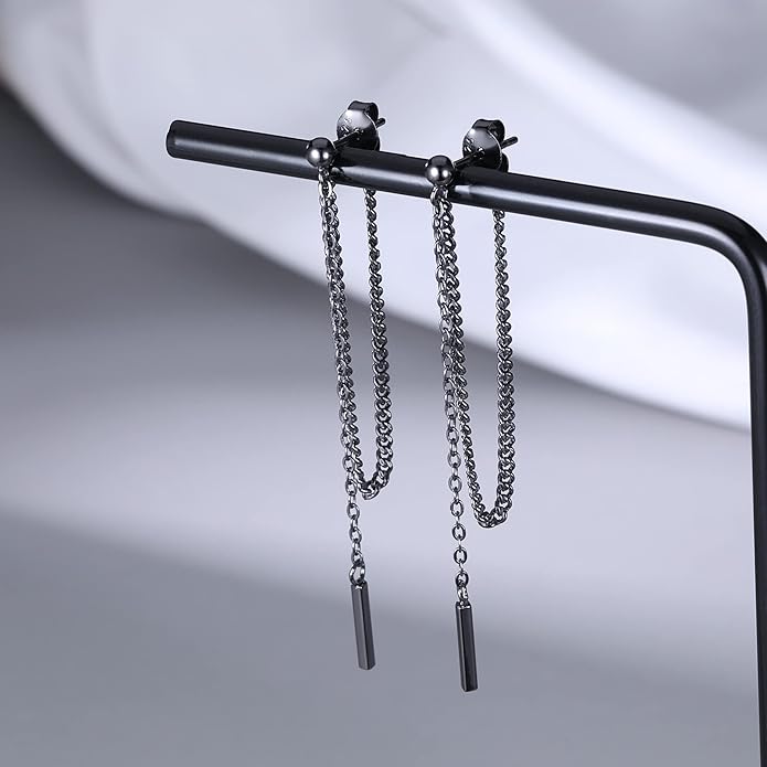 SLUYNZ Solid 925 Sterling Silver Bar Dangle Earrings for Women Minimalist Dangle Earrings Threader Chain