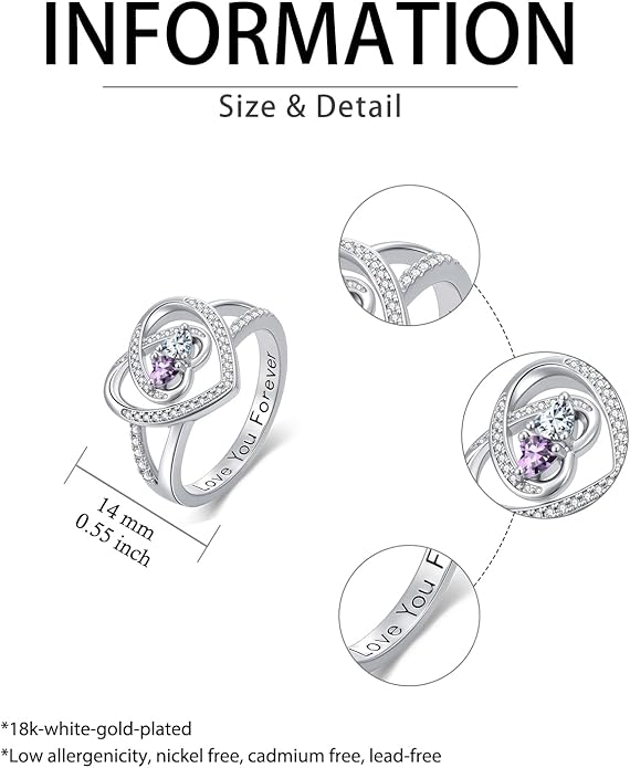 Valentine's Day Gifts for Women Birthstone Rings for Women Heart Statemet Engagement Eternity Wedding Promise Rings Jewelry Anniversary Christmas Valentine Mothers Day Birthday Gifts for Wife Her Girlfriend