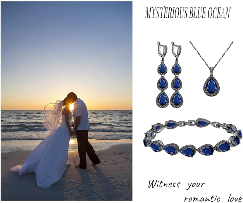 LMXXVJ Necklace Long Earrings Bracelet Set, White Gold Plated Created Blue Sapphire Jewelry Set Wedding Party Gift Jewelry for Women Bridal Bridesmaid