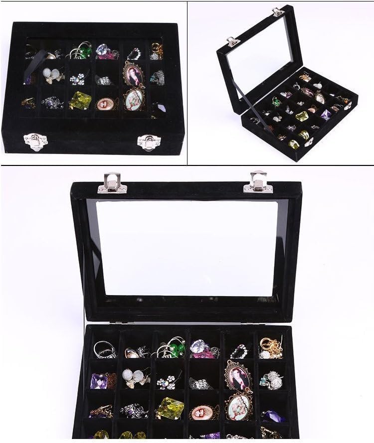 Velvet Jewelry Box 24 Grid Jewelry Earrings Display Organiser Box Ring Tray Holder Earrings Storage Case for Girls Women Wife Mom (Black) - color: Black