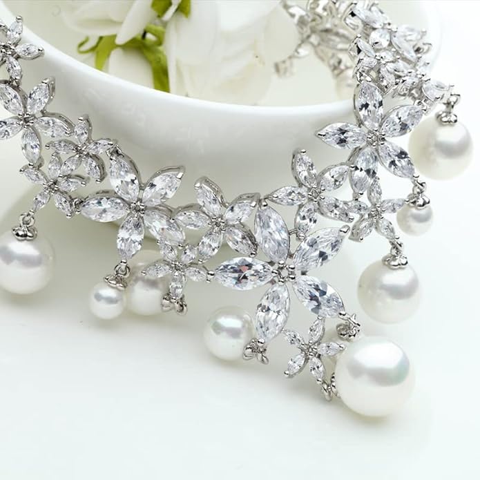 Women's Bridal Jewelry Set, 14K Gold Freshwater Pearl & Crystal, Choker Necklace & Drop Earrings, Elegant Wedding Fashion Ensemble