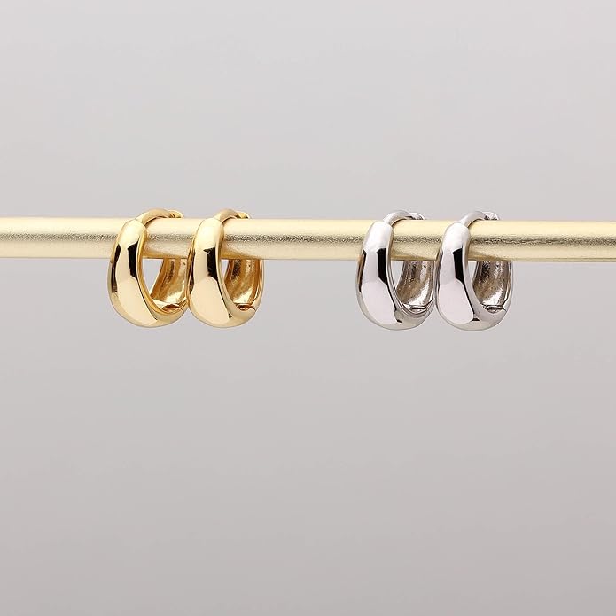 CHESKY 4 Pairs Small Huggie Hoop Earrings for Women - Chunky 14K Gold Plated/Silver Plated Lightweight Earring Stacks Cartilage Hoop Earrings Set for Multiple Piercing Trendy Jewelry