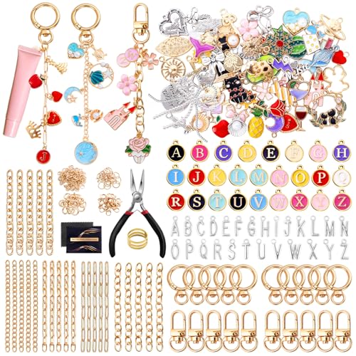 Wurosi 325Pcs Charms Lip Gloss Keychain Making Kit, Including 20 Keychain Clips 25 Extender Chain 118 Charms Jewelry Plier, Bag Charm Kit, Keychains Making Supplies for Jewelry Making,Christmas Gifts - color: 325 pcs kits