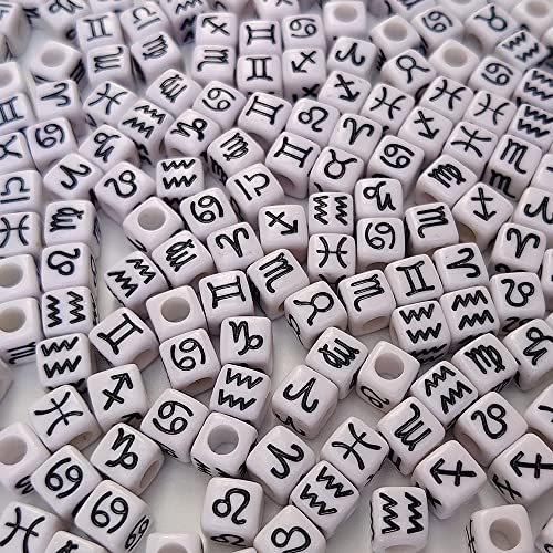 200+ Pieces 7x7mm White Cube Acrylic Alphabet Zodiac Charms Constellation Beads Mixed Plastic Shape Loose Beads for Jewelry Making Bracelets Necklaces Key Chains (Black on White) - size: Black on White