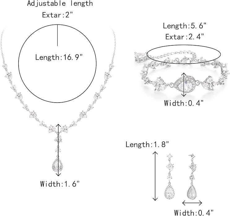 Crysdue Teardrop Bridal Jewelry Set for Wedding Party, Silver/14K/Rose Gold Plated Prom Costume Jewellery for Bride Bridesmaids Women, Cubic Zirconia Necklace Dangle Earrings Bracelet