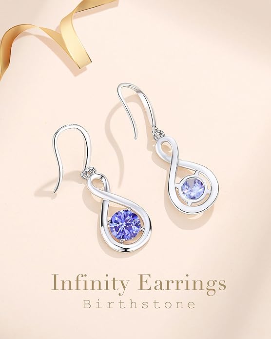 FANCIME Valentines Day Gift Dangle Drop Earrings 925 Sterling Silver Dainty Infinity Round Gemstone Birthstone Jewelry Birthday Gifts for Her Women