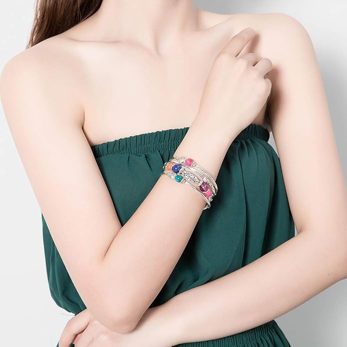 BULINLIN Layered Wrap Bangle Turquoise Bracelet - Bead Bracelet with Natural Agate Stone, Gifts For Women