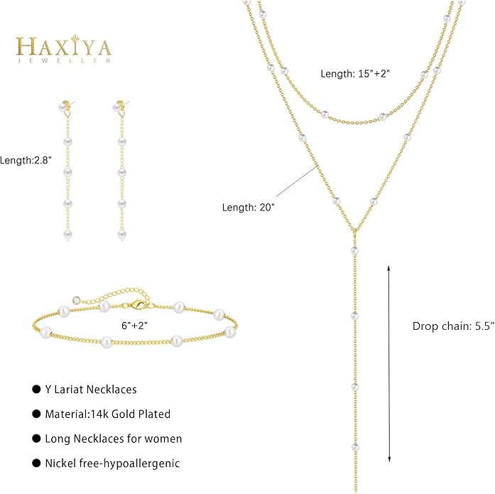 Gold Jewelry Set for Women - Dainty 14K Gold Plated Pearl Necklace and Earring Set with Drop Earrings, Bracelets, Choker Necklace - Wedding Jewelry Gift