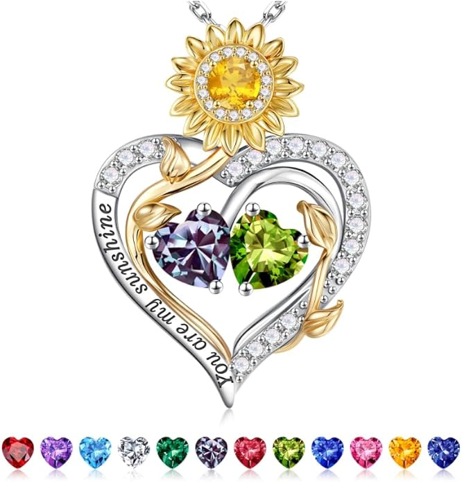 Iefil Valentines Day Gifts for Her - 925 Sterling Silver Sunflower Double Birthstone Necklace for Women, Anniversary Birthday Gifts for Wife, You Are My Sunshine Necklaces, Jewelry for Wife Mom