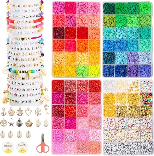 Goldwise Friendship Bracelet Kit 4 Boxes-13056 Pcs 72 Colors Bracelet Making Kits with Clay Beads, 7200 Pcs Glass Seed Beads and 3 Styles Letter Beads with Charms for Bracelet Making Gift - size: 4 Boxes-72 Colors