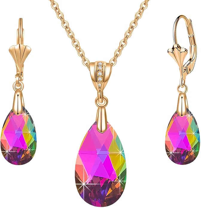 EVEVIC Austrian Crystals Teardrop Pendant Necklace Earrings for Women 14K Gold Plated Hypoallergenic Leverback Drop Dangle Earrings Jewelry Set