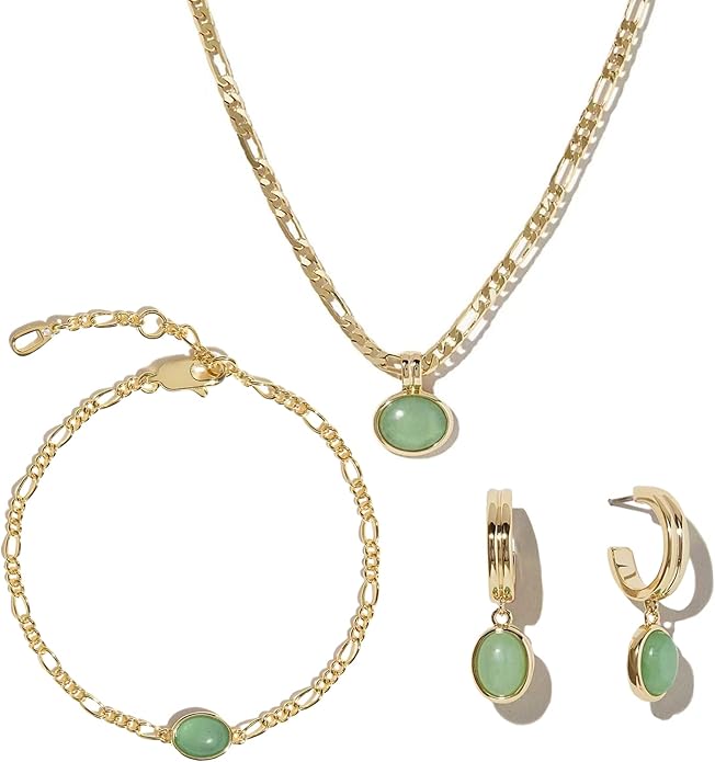 DISTANT DRUMS Simple Natural Green Aventurine Stone Jewelry Set for Women,Hoop Earrings,Bracelet,Necklace,18K Gold-plated Spiritual Gift,Fortunate Stone Jewelry,Choker