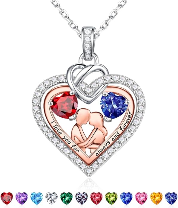 Iefil Valentines Day Gifts for Her - 925 Sterling Silver Double Heart Birthstone Necklace for Women, Anniversary Birthday Gifts for Wife I Love You Gift Couple Sitting Hugging Each Other Jewelry Gift