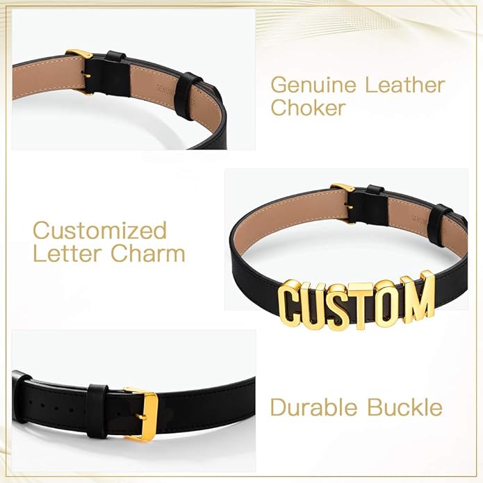 Custom4U Personalized Black Leather Choker Necklace with Picture/Name/Initials/Letters Charm,Custom Made Adjustable Choker Collar Gothic Punk Necklaces Jewelry Gifts for Women