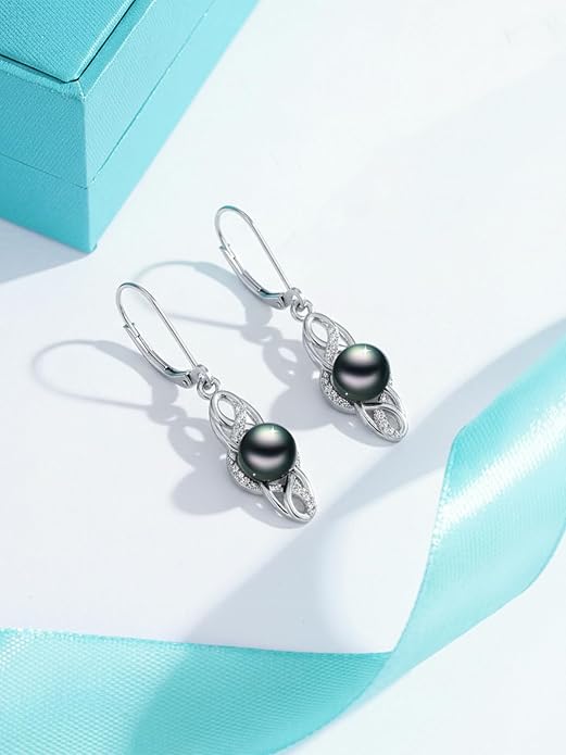 Tahitian Black Pearl Earrings Gifts for Women Wife Celtic Dangle Drop Earrings Wedding Birthday Anniversary Jewelry Valentines Christmas Day Gifts 925 Sterling Silver