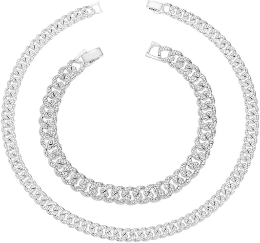 HH BLING EMPIRE 14k Gold/Silver Cuban Link Chain for Women Iced Out Diamond Chunky Cuban Link Necklace Chain Bracelet 2pcs Sets