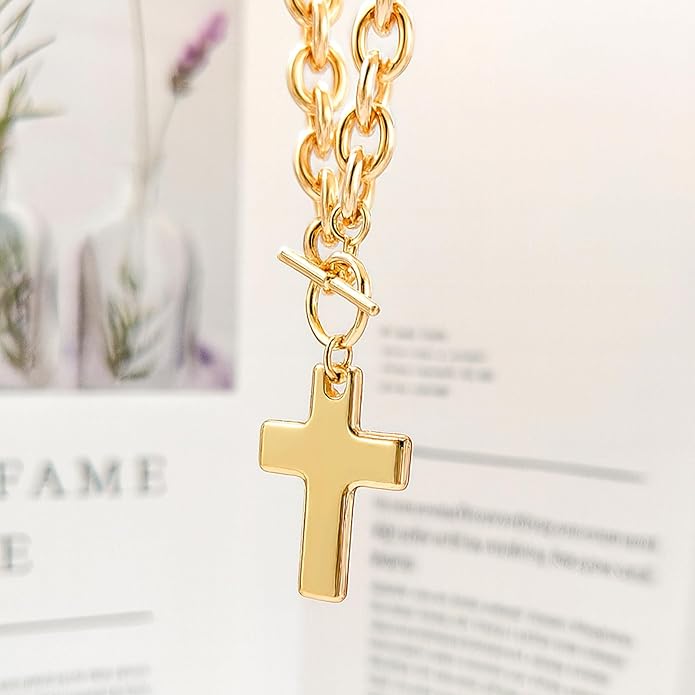 Zeffy 14K Gold/Silver Plated Chunky Thick Chain Toggle Clasp Necklace Dainty Baroque Pearl/Heart/Cross/Turquoise Pendant Necklace