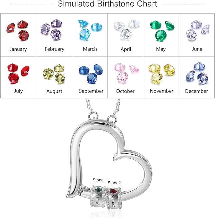 Personalized Women's Pendant Necklace 925 Sterling Silver with 1-5 Simulated Birthstone Names Customized Heart Shape Cubic Zirconia Necklace