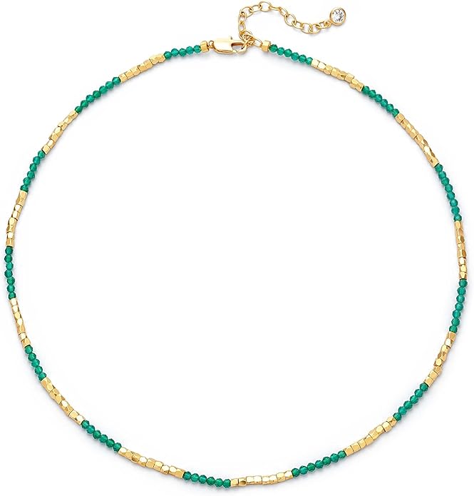 MTMY Beaded Gemstone Choker Necklace for Women, 14K Gold Plated Boho Colorful Natural Stone Bead Chain Necklace Summer Beach Handmade Jewelry