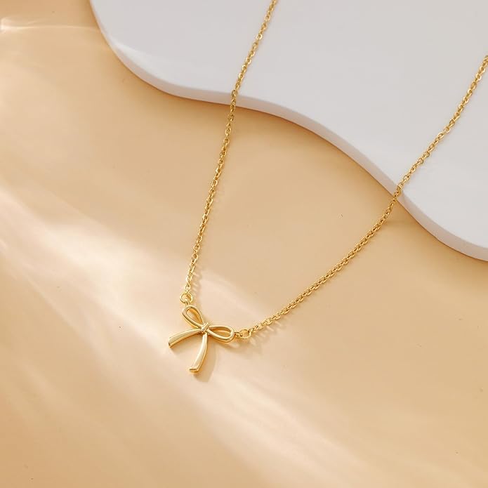Valentines Day Gifts for Her - Dainty Bow Necklace for Women 14K Gold Plated Cute Choker Small Pendant Charm Necklaces Teen Gift Trendy Stuff Personalized Jewelry