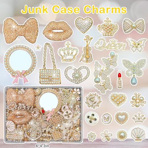 Champagne Gold Junk Case Charms Kit Junks Phones Cases 3D Pearl Butterflies Rhinestone Lips Bows Chain Bags Hearts Crowns Violins And Other Bedazzling Can Be Used In DIY Phone Case Designs