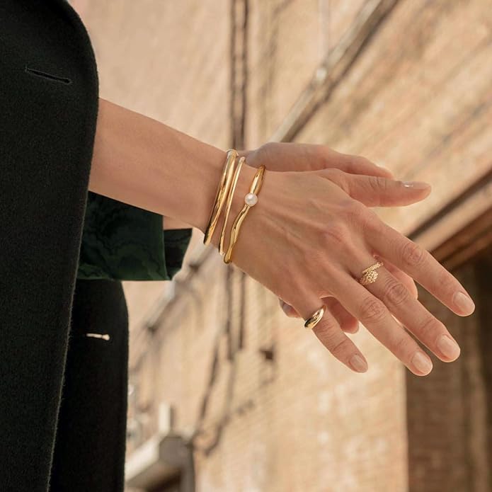 PERNNLA PEARL Dainty Gold Bar Bracelet for Women Simple Delicate Thin Cuff Bangle Hook Bracelet 18K Gold Plated Handmade Minimalist Jewelry