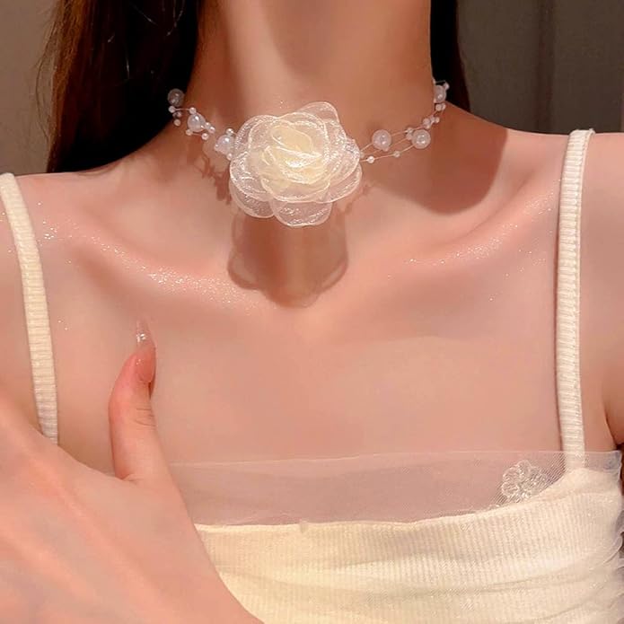 Boho Flower Pearl Choker Necklace for Floral Choker,Women Dainty Pearl Beaded Chain Collar Necklace Flower Necklace for Women Trendy Jewelry