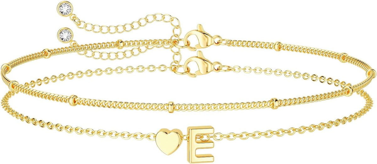 DEARMAY Dainty Initial Heart 14K Gold Plated Bracelets for Women Trendy, Letter Charm Bracelet Jewelry Cute Simple Fashion Chain Gift