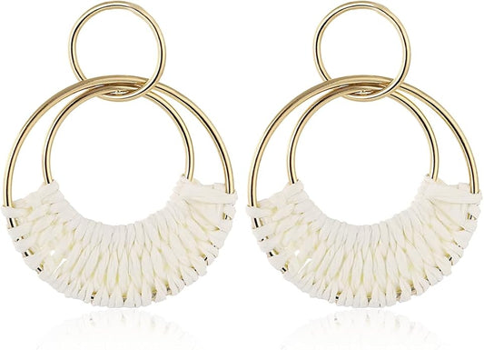 Handmade Raffia Hoop Earrings Statement Tropical Bohemian Straw Dangle Earrings Natural Rattan Vacation Style Round Earrings for Women Summer Beach Party Essential Jewelry