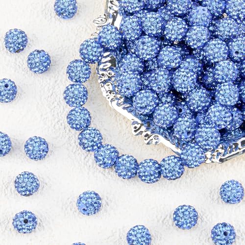 100Pcs 10mm Light Blue Rhinestone Beads for Jewelry Making, Shiny Round Disco Ball Sparkly Beads Bulk with 10-Grid Storage Box for DIY Baseball Necklaces Shamballa Bracelets - color: Light Blue