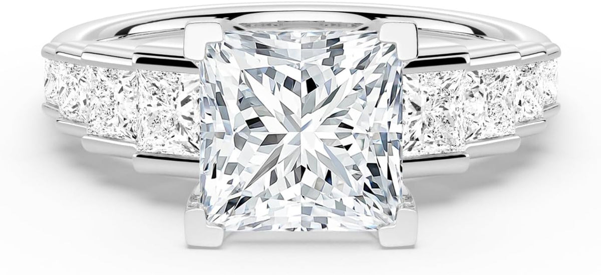MSBLUE Moissanite Engagement Ring, Staircase Princess Cut, 14K Gold Vermeil, Wedding Promise Ring, Valentines Day Gifts for Her