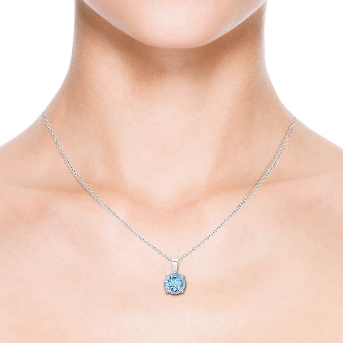 Angara Natural Aquamarine Solitaire Pendant for Women | Round Aquamarine Solitaire Pendant Necklace in 14K Solid Gold/Silver/Platinum With 18" Chain | March Birthday, Gemstone Jewelry Gift