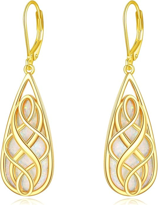 VONALA White Opal Celtic Knot Dangle Drop Earrings for Women 925 Sterling Silver Boho Chic Jewelry Gift for Women