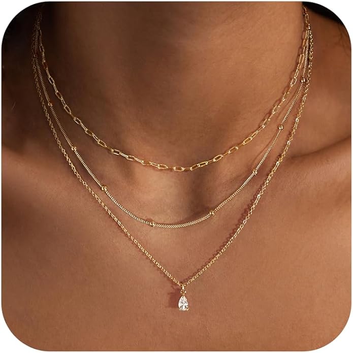 Layered Necklaces for Women,Dainty 14k Gold Plated CZ Layered Choker Necklace for Women Trendy Non Tarnish Hypoallergenic Beaded Paperclip Chain Necklace Stack Women's Minimalist Gold Jewelry Gifts