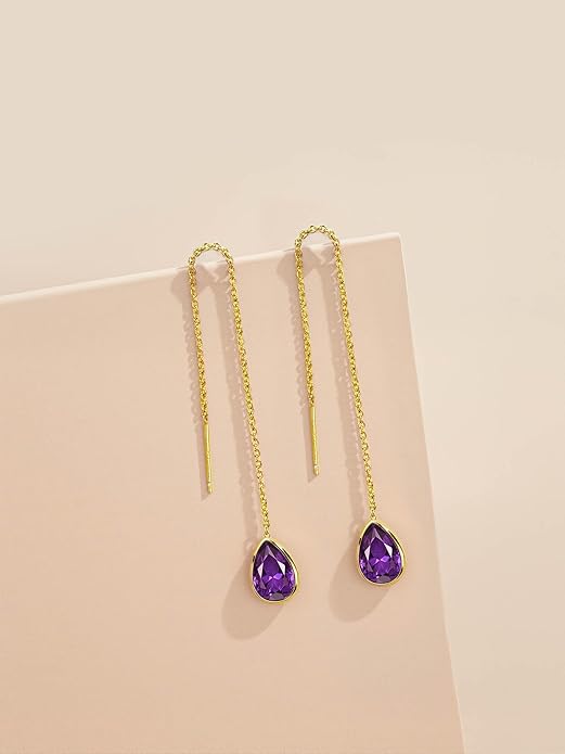 Long Dainty 18K gold plated Threader Chain (Green, Purple) Emerald Purple Dangle Earrings for Women by SNGIA, Minimalist Fashion Statement Trendy Thin Drop Jewelry Gifts