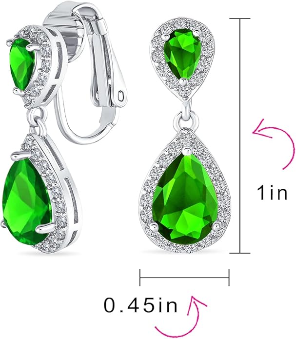 Vintage Style Bridal Cubic Zirconia Simulated Gemstone AAA CZ Halo Dangle Teardrop Chandelier Clip On Earrings For Women Silver Rose Gold Plated in Black Purple Blue Red Rose Pink Green Clear